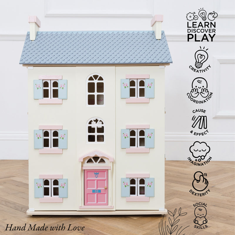 Front of Daisylane cherry tree hall doll house with features listed