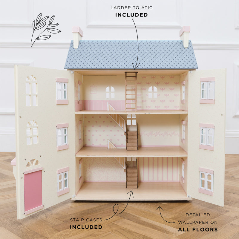 Daisylane Cherry Tree Hall Doll House with front open & no furniture. showing stairs & ladder