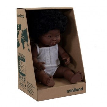 Miniland African Down Syndrome Baby Girl 38cm Doll Boxed